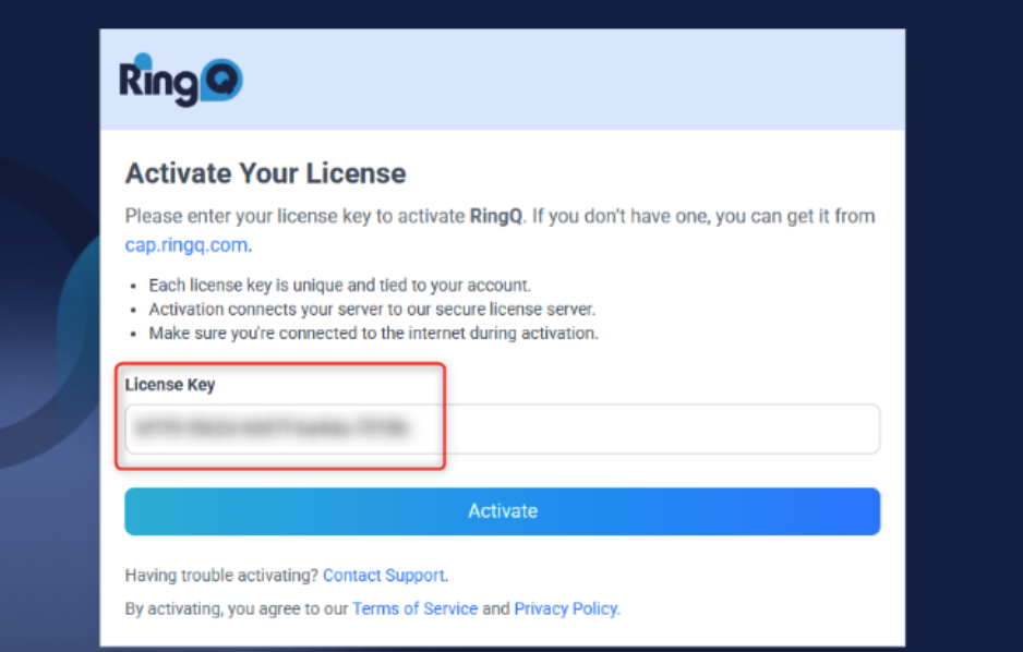 RingQ license activation page